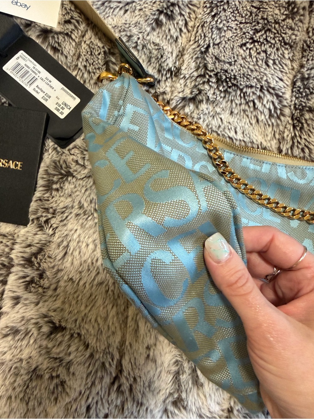 Versace Light Blue Logo Jacquard Shoulder Bag with Gold Chain Detail - Picture 3 of 9